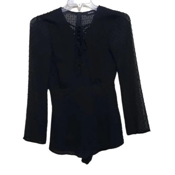 Boohoo Womens Black Mesh Lace Up Romper Size 4 - Picture 2 of 8
